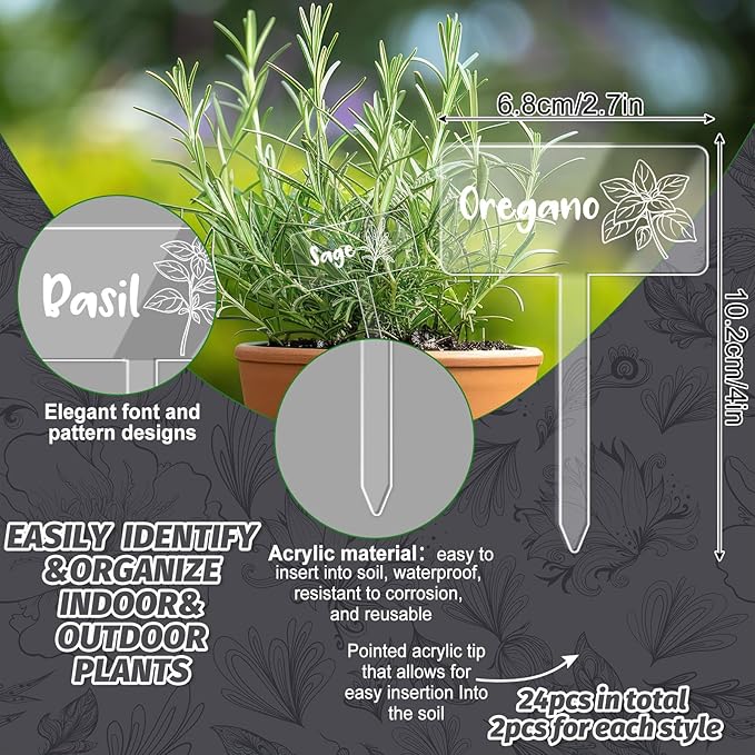 JarThenaAMCS 24Pcs Acrylic Plant Label Signs 12 Styles Spring Summer Garden Herb Markers Transparent Waterproof T-Type Tags Reusable Plant Stake Tags with Names for Nursery Indoor Outdoor Garden Decor