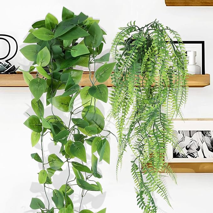 SHENLIU Artificial Hanging Plants for Shelf, 4 Pack Fake Potted Greenery Plant Faux Eucalyptus Vine String of Pearls Boston Fern Ivy Vine Leaves for Living Room Bedroom Boho Wall Shelf Indoor Outdoor