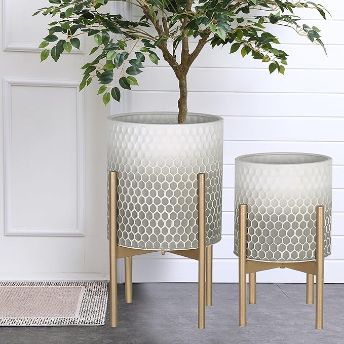 Oakrain Planters for Indoor Plants, Set of 2 Modern Planter with Stand, Decorative Metal Planter Pots for Living Room, Office, Garden, Balcony, 10"&12", White-Grey Gradient
