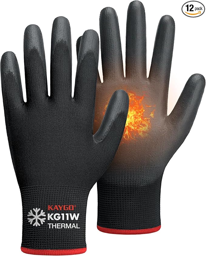 KAYGO 12 Pairs Winter Work Gloves for Men and Women, Thermal Insulated Safety Work Gloves PU Coated, Super Grip,Ideal for Freezer Work,Black,S