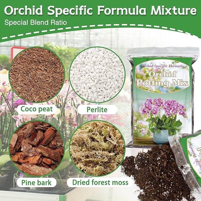 Orchid Potting Mix for Repotting, Mixture of Moss Pine Bark Coco Peat and Perlite, Orchid Bark Potting Mix, Good Drainage - 1QT
