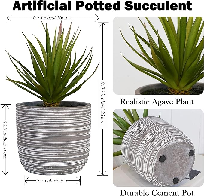 Jahe Fake Plant Agave, Artificial Succulent Plants in Potin, 9” Cement Bowl Faux Realistic Greenery Potted Plant for Home Office Desk Bathroom Livingroom Boho Shelves Decoration, Table Centerpieces