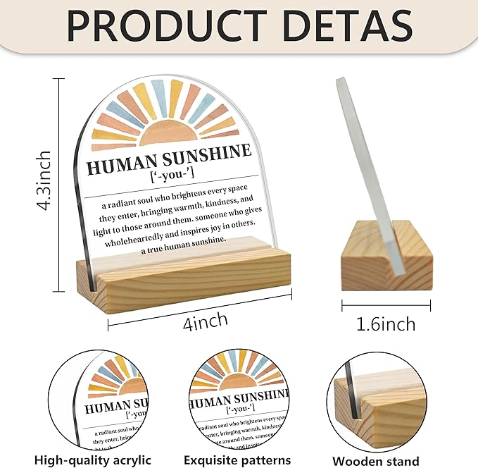 Human Sunshine Arched Acrylic Sign with Wooden Stand (4"x4") – Bohemian Sun Mental Health Motivational Gift, Inspirational Desk Decor for Family, Friends & Students, Positive Affirmation Home Office D