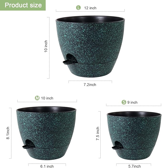 WSMKSZ 12/10/9 inch Large Self Watering Pots, Planter, Plant Pots with Mesh Drainage Holes for Indoor Outdoor Garden Plants, Plastic Flower Pots with Deep Reservoir, Black with Green Speckles
