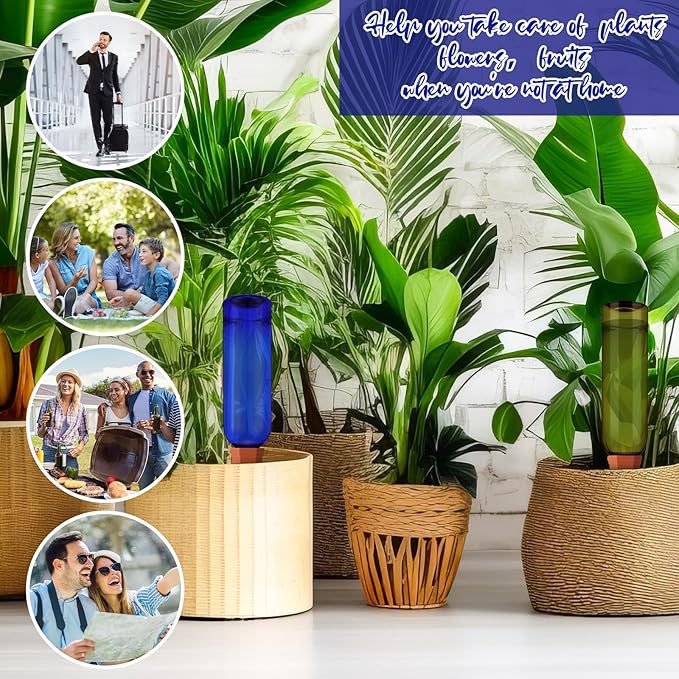 SiliFine 6 Sets Plant Watering Devices Include Terracotta Self Watering Spikes and 26 oz Plastic Bottles, Slow Release Vacation Insert Automatic Plant Waterer Device (Blue Green and Terracotta)