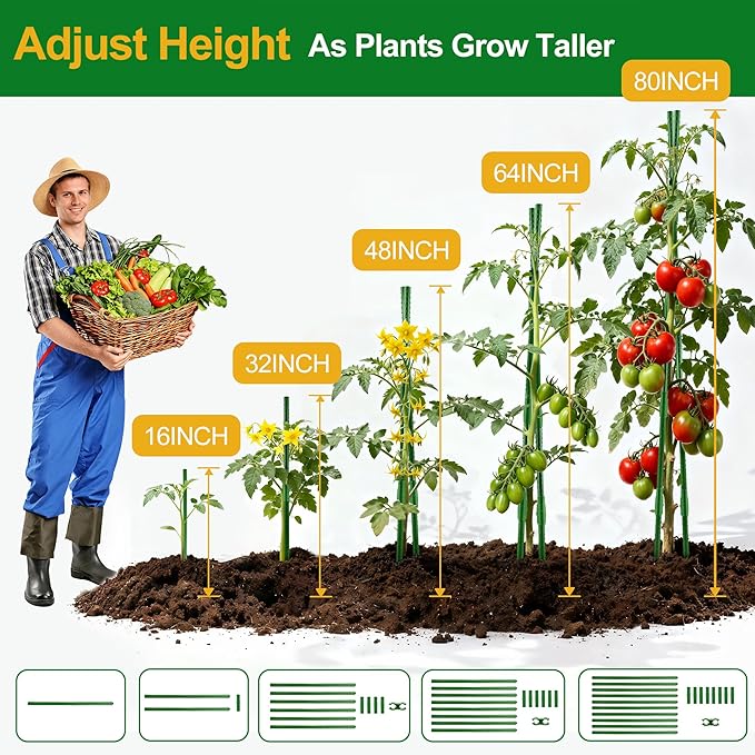 WAENLIR 16 Inch 72 Pack Extendable Garden Stakes Kit, DIY 4ft 5ft 6ft 7ft 8ft Plant Support Stakes with Connectors and Clips, Plastic Coated Metal Sticks for Tomato Indoor Outdoor