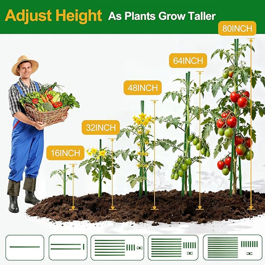 WAENLIR 16 Inch 72 Pack Extendable Garden Stakes Kit, DIY 4ft 5ft 6ft 7ft 8ft Plant Support Stakes with Connectors and Clips, Plastic Coated Metal Sticks for Tomato Indoor Outdoor