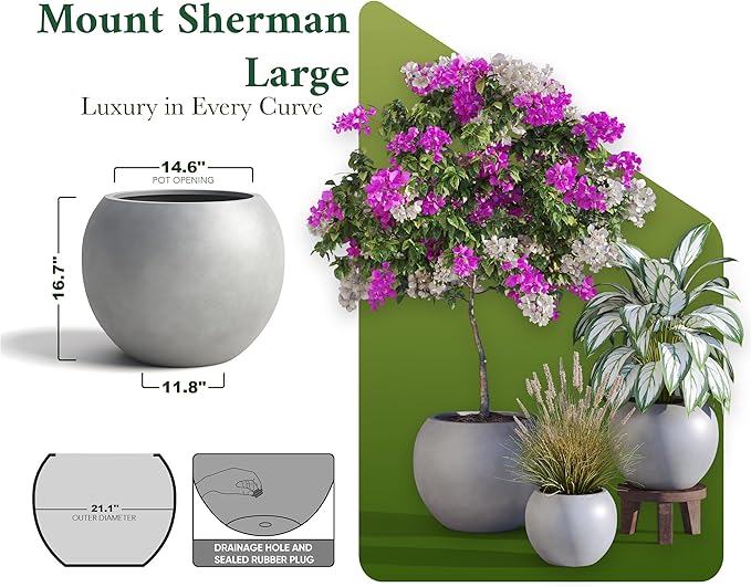 DTY Mount Sherman 21.1'' D x 16.7'' H (Pot Opening 14.6") Fiberstone Round Planter with Drainage Hole, Smooth Finishes, Weather Resistant for Indoor and Outdoor, 2 Extra Coco Mats - Gray, Large