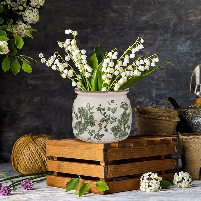 2 Pcs Vintage Planter Ceramic Plants Pot with Drainage Ice Crack Scroll Flower Vase Pot for Indoor Outdoor Plants Home Kitchen Decor Gifts (Vintage Floral,5.9")