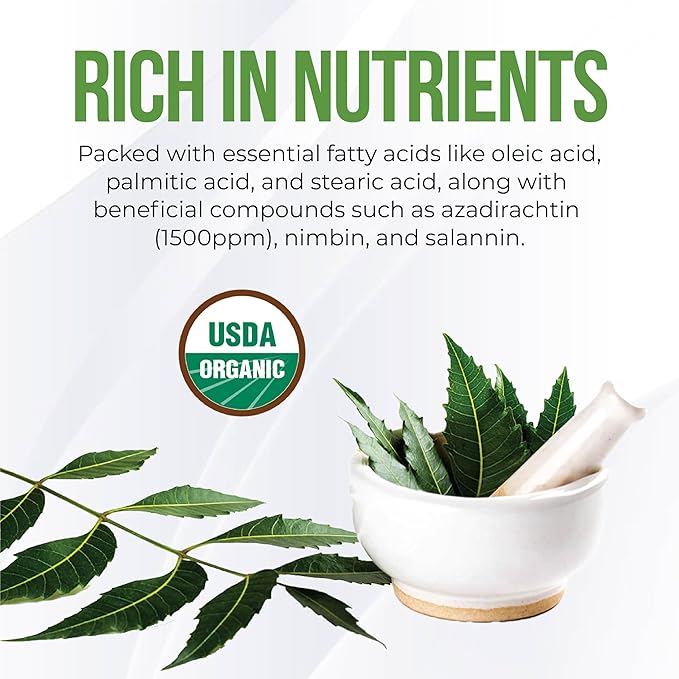 Pure Virgin Organic Neem Oil for Skin, Hair & Face - 100% Natural & Unrefined Neem Oil for Plants - Cold Pressed Seed Oils - Safe for Dog, Scalp & Hair Growth - 1 Fl Oz
