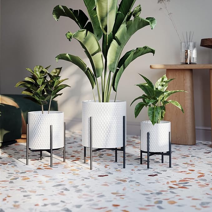 EverNest Claire Mid-Century Modern White Planter and Stand, Indoor Plant Pot, SelectBase, Minimalist Aesthetic, Home Decor for Plants - (Black Base, Large)