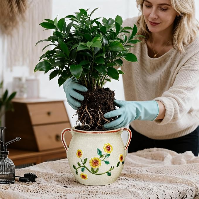 EFISPSS 6 Inch Vintage Ceramic Flower Pot with Relief Design & Handles,Ceramic Cracked Flower Pot with Drainage Hole for Indoor Plants,Tuscan Home Garden Decor (Living Room,Gift Ideas)