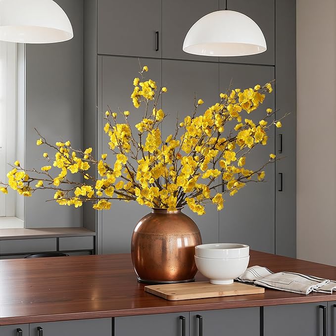 florisso 6 PCS Artificial Cherry Blossom Branches Spring Indoor Decoration, Faux Yellow Silk Flowers 34.45" Long Stems Real Touch Plum Fake Peach Plants for New Year Wedding Home Bedroom Table Office