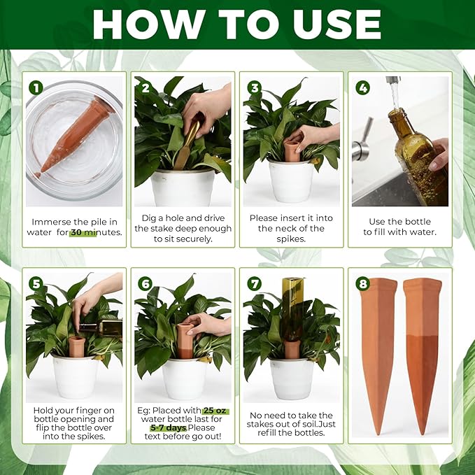 6 Pcs 17oz 25oz 34oz Plant Watering Devices 3 Terracotta Self Watering Spikes 3 Plastic Bottles Slow Release Vacation Planter Insert Automatic Water System for Indoor Outdoor Potted Plant