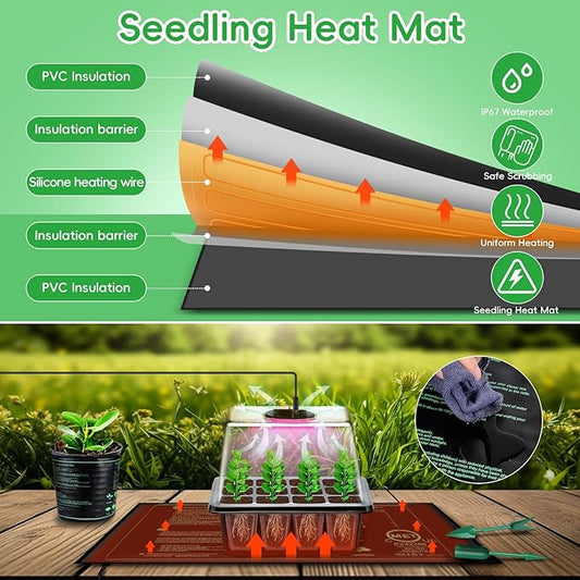 YAUNGEL Seed Starter Tray with Grow Light, 5 Pack Seed Starter Kit with Heat Mat, Seed Tray with Timing Controller Adjustable Brightness and Humidity Domes Heightened Lids, Black