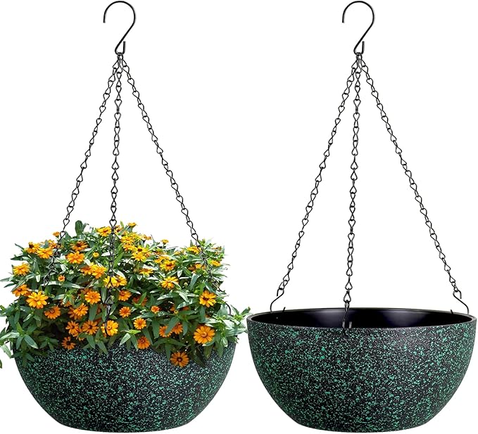 WSMKSZ 10inch Hanging Planters for Outdoor Indoor Plants with Drainage Holes and Chain, 2 Pack Round Hanging Flower Pots for Garden Home Porch Decor, Black with Green Speckles