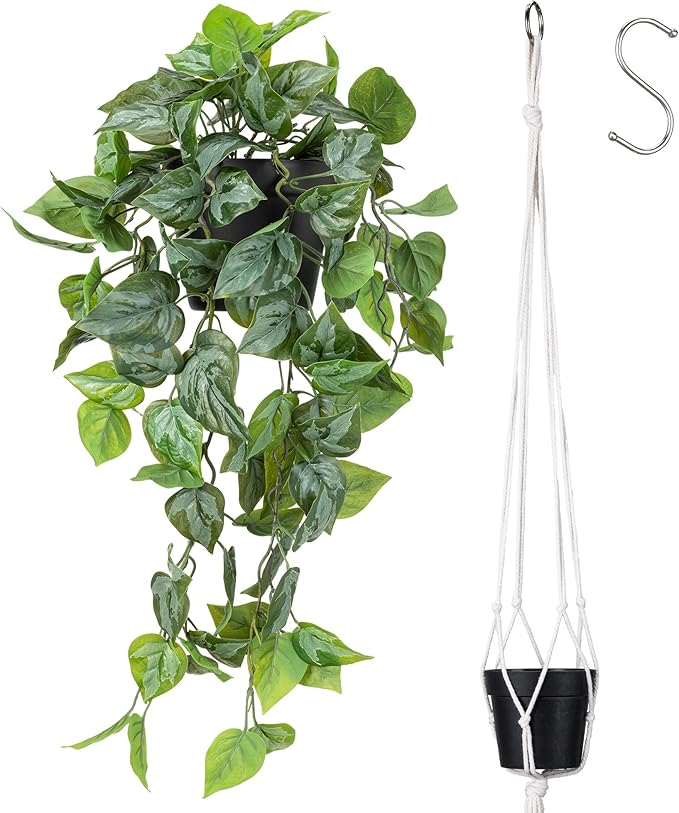 Artificial Pothos Hanging Plant, Fake Pothos with Woven Net, Realistic Faux Ivy Vine Fake Potted Plants for Shelves, Patio, Office, Living Room, Bathroom, Indoor Outdoor Decor(with Flowerpot)