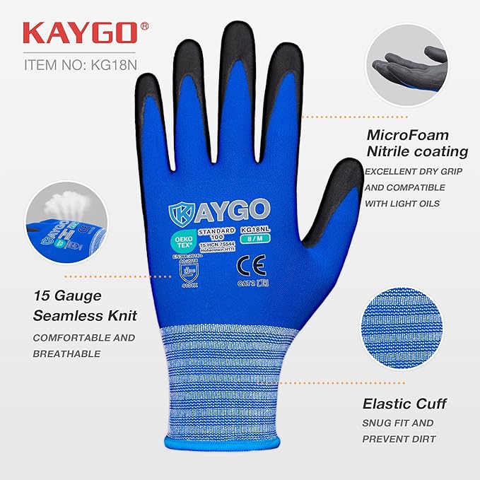 KAYGO Safety Work Gloves MicroFoam Nitrile Coated, 3 Pairs, KG18NB,Seamless Knit Nylon Glove with Black Micro-Foam Nitrile Grip,Ideal for General Purpose,Automotive,Home Improvement,Blue,S
