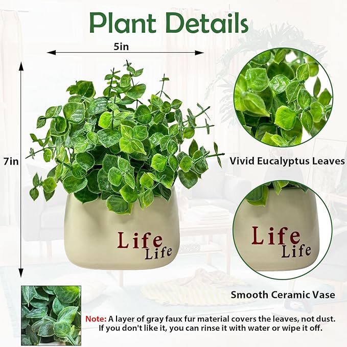 Small Fake Plant in Pot, 7" Artificial Plant Indoor, Fake Eucalyptus Stems with Ceramic Vase, Faux Greenery Eucalyptus Bathroom Decor for House Office Desk