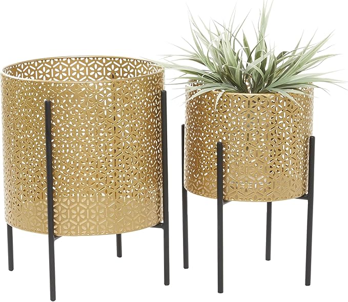 CosmoLiving by Cosmopolitan Metal Indoor Outdoor Planter Floral Cutout Small Planter Pot with Removable Stand, Set of 2 Planters 15", 14"H, Gold