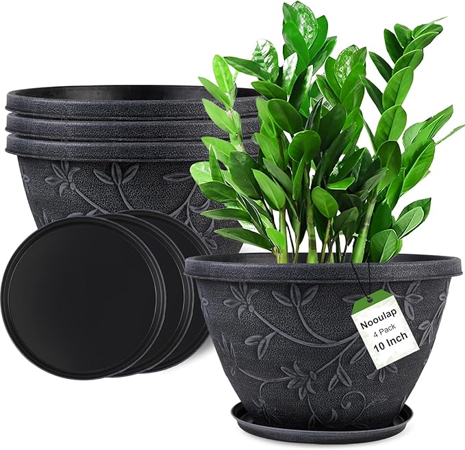 Nooulap 4 Pack 10 Inch Plant Pot for Outdoor Indoor, Plastic Flower Pots with Drainage Hole & Saucer, Lightweight Small Resin Flower Pot, Imitation Magnolia Planter Pots for Garden House（Gray）