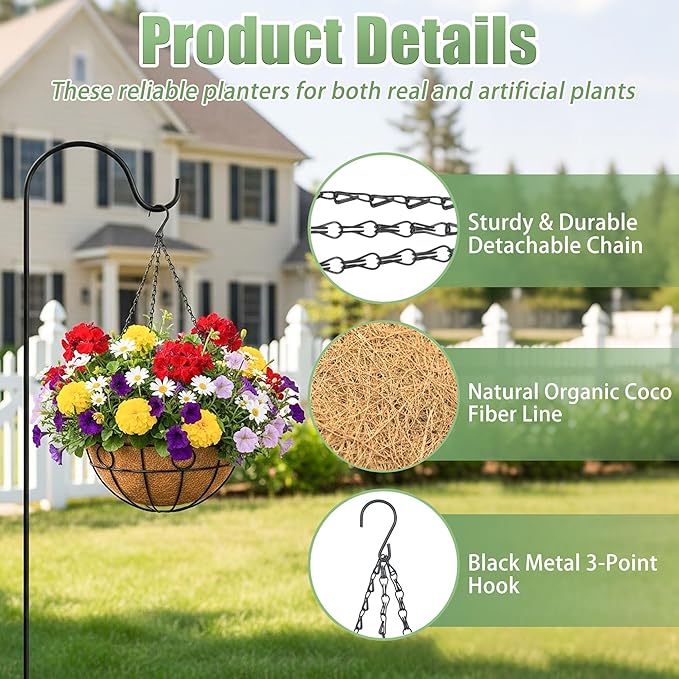 4 Pack 12 Inch Hanging Baskets for Plants Outdoor Metal Hanging Planters Round Hanging Flower Pots with Coco Coir Liner Plant Holder for Outdoor Patio Garden Balcony Decor - Circular