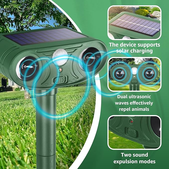 Solar Ultrasonic Animal Repellent Outdoor with Motion Sensor Strobe Light Deer Repellent Devices for Squirrel Rats Snakes Rabbit 25KHZ Silent Deterrent Dual Mode Yard Garden Lawn Pest Control 1pack