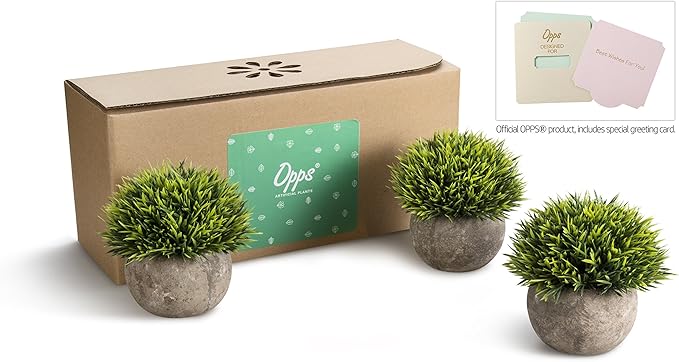 Opps Mini Artificial Plants Plastic Fake Green Grass Topiary Shrubs with Gray Pot for Home Décor – Set of 3