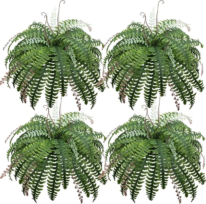 37 Inch Artificial Boston Fern Large Hanging Plant, Set of 4, Fake Ferns that Look Real for Home and Office Decor, Faux Fern Vines with 36 Fronds for Each Bouquet（No Basket）