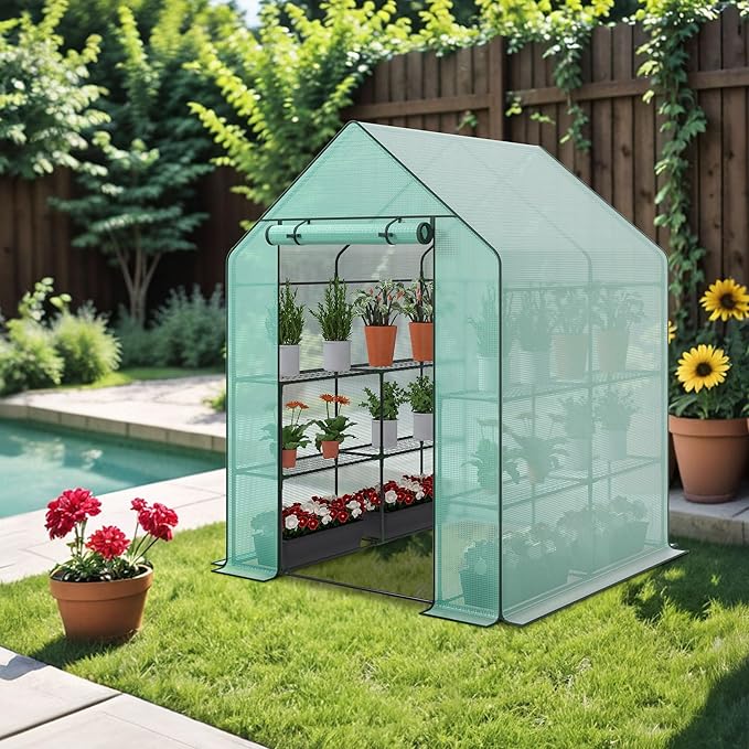 2 Tiers 8 Shelves Walk-in Green House, Portable Greenhouse w/Durable PE Cover, Roll Up Zipper Door, Steel Frame Greenhouse w/ Ground Pegs, Ropes for Garden, Patio, Backyard
