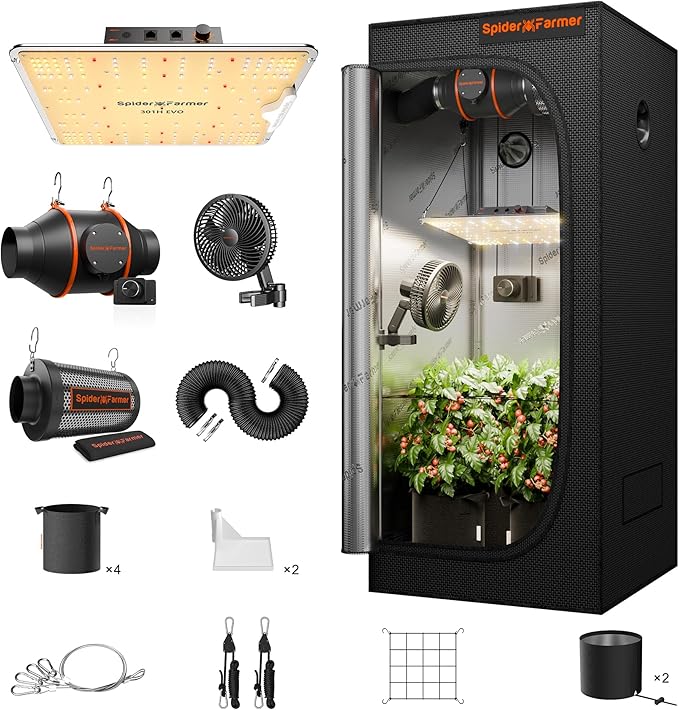 Spider Farmer EVO Grow Tent Kit Complete 28"x28"x63" SF-1000 Samsung LM301H EVO & Dimmable, Grow Tent Complete System 2.3x2.3ft Growing Tent Kit Set with 4" Ventilation System &6'' Clip Fan