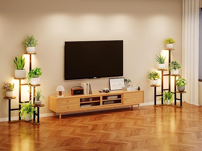 Yzosvki Corner Plant Stand Indoor with Grow Lights, 6 Tiered Corner Plant Shelf Flower Stand for Multiple Plants, Plant Shelves Organizer Rack for Living Room, Balcony, Patio, Round Rustic Brown