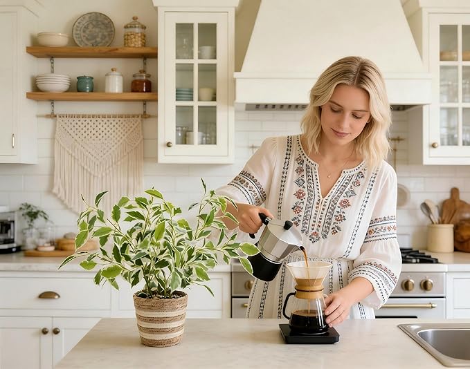 19" Variegated Ficus Artificial Potted Plant in Striped Woven Basket Lifelike Indoor Fake Plant for Shelf Table Apartment Boho Home Decor