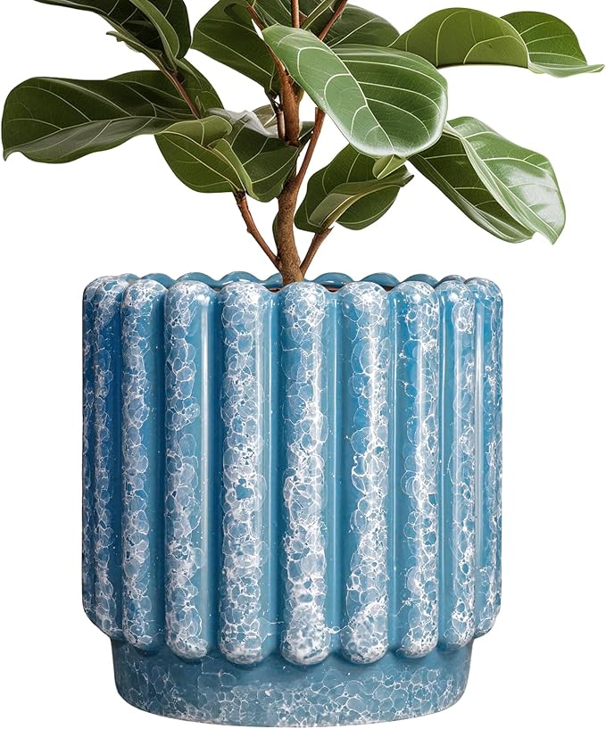 Ceramicfor Ceramic Pots for Plants - 12 Inch Planter with Drainage Hole, Round Large Flower Pots for Indoor Plants Outdoor, Fluted Decorative Ceramic Planter, Home Office Decor, Garden Gifts, Blue