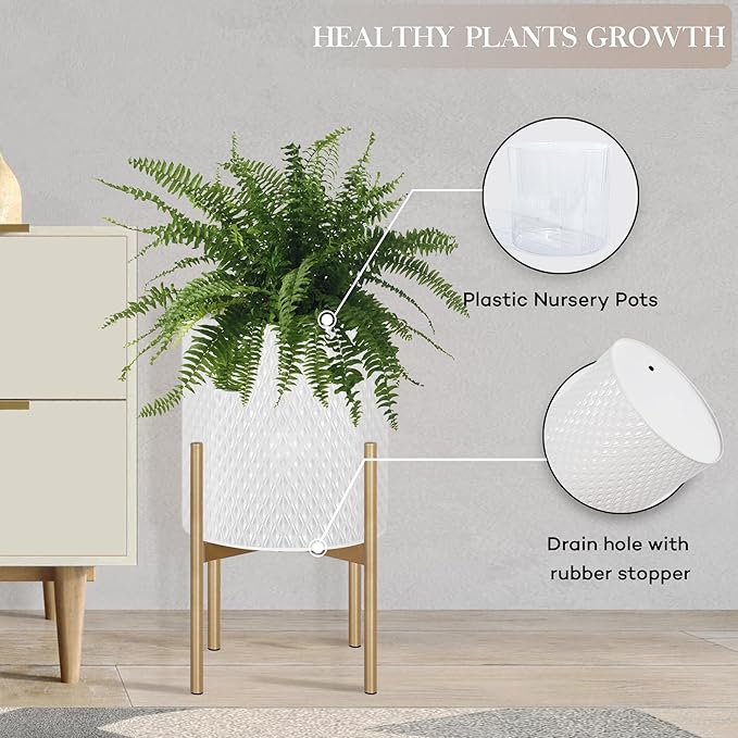 Oakrain Mid Century Planters for Indoor Plants, Set of 2, Modern Decorative Metal Planters for Living Room, Office, Garden or Balcony, White Planters with Stands, 10" & 12", Off-White