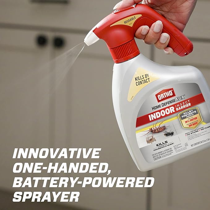 Ortho Home Defense Max Indoor Insect Barrier Battery-Powered Sprayer - Ready-To-Use Indoor Bug Spray, Kills Ants, Roaches, Spiders, Fleas and Ticks, 1.5 L