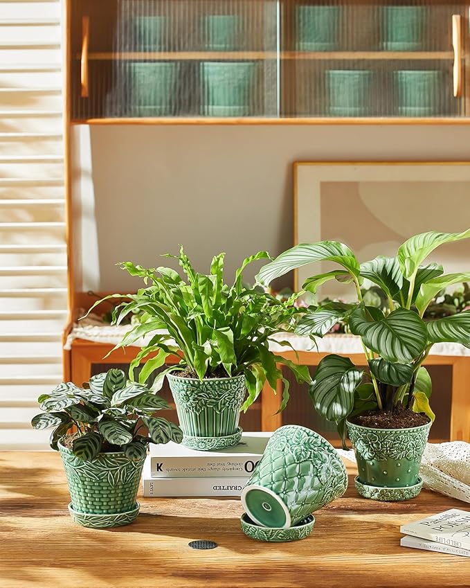Metahom Ceramic Plant Pots, 5.8 Inch Flower Pots for Indoor Plants, Planters with Drainage Hole & Saucer, Green Planters for Succulent, Orchid, Cactus, Home Decor, Set of 4, Green