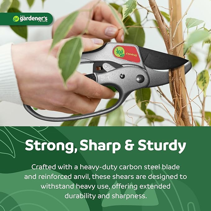 Ratchet Pruning Shears Gardening Tool – Anvil Pruner with Assisted Action – Ratcheting Pruners for with Heavy Duty, Nonstick Steel Blade – Garden Tools by The Gardener's Friend