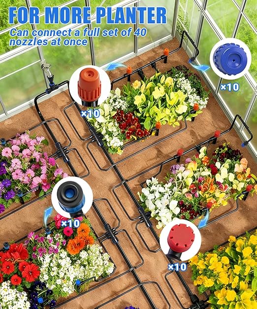 Fast-Lock Drip Irrigation System Kit for Garden Watering with 40 Adjustable Nozzles, All Quick Connect Easy-Connect Irrigation Kit with 1/2" & 1/4" Tubing, for Greenhouse, Lawn, Pots (40FT + 197FT)