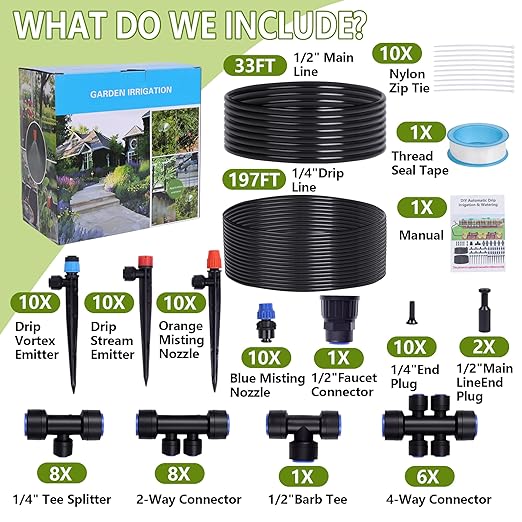 230FT Garden Irrigation System with 40 Nozzles & Emitters, Automatic Watering System with 1/2" & 1/4" Tube and Barbed Fittings, Garden Sprinkler for Raised Beds, Greenhouse, Lawn