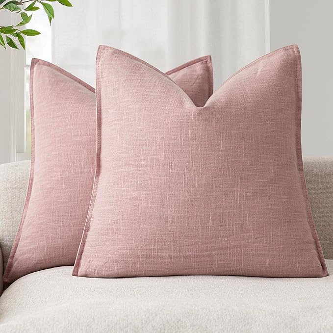 Foindtower Pack of 2, Decorative Linen Soild Throw Pillow Covers Soft Accent Cushion Euro Case Boho Farmhouse Pillowcase for Chair Couch Sofa Bedroom Living Room Home Decor 24 x 24 Inch Rose Pink