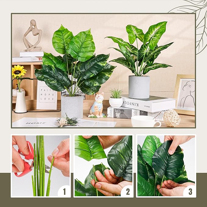 JC nateva 2pcs 16" Fake Plants Artificial Plants Tropical Faux Plants Indoor for Bathroom Kitchen Office Home Sage Green Decor