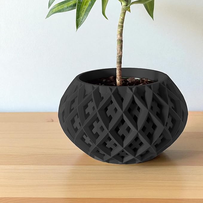 DarkStone Modern Geometric Planter – Bold Black Round Pot with Cross-Lattice Texture – Compact Indoor Plant Container with Drainage Hole (Black, Outer Dimensions: Compact 6" Width x 4" Height)