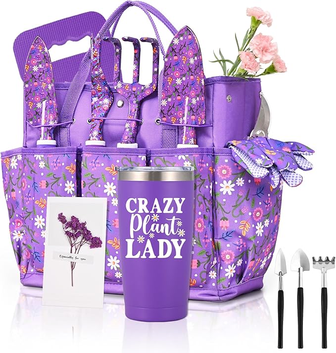 Lifecapido Gardening Gifts for Women, Garden Tool Set, 14 PCS Gardening Tools Set Kit with Tool Bag, Plant Lover Birthday Christmas Mothers Day Garden Tools Gifts for Gardeners Women Mom (Purple)