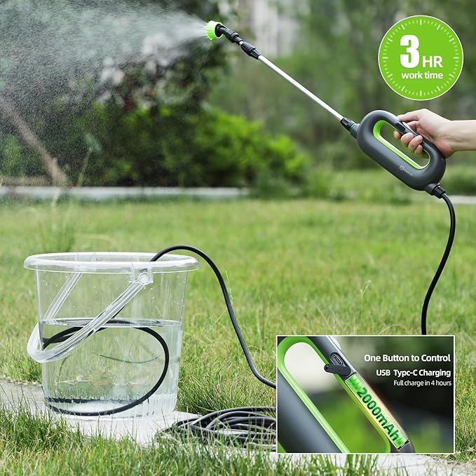 Battery Powered Sprayer Wand, Garden Electric Sprayer 24.5" Telescopic Wand with 20 FT Hose, 7.2V Voltage 3 Adjustable Nozzles, Portable USB-C Rechargeable Water Spray for Lawn and Outdoor