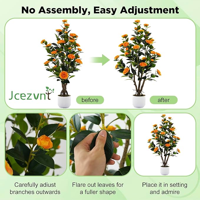 2 Pack Artificial Camellia Tree with White Pot, 38" Faux Potted Plants for Indoor Outdoor Decor, Tall Silk Greenery Plant for Home Offce Living Room Balcony,White, Orange