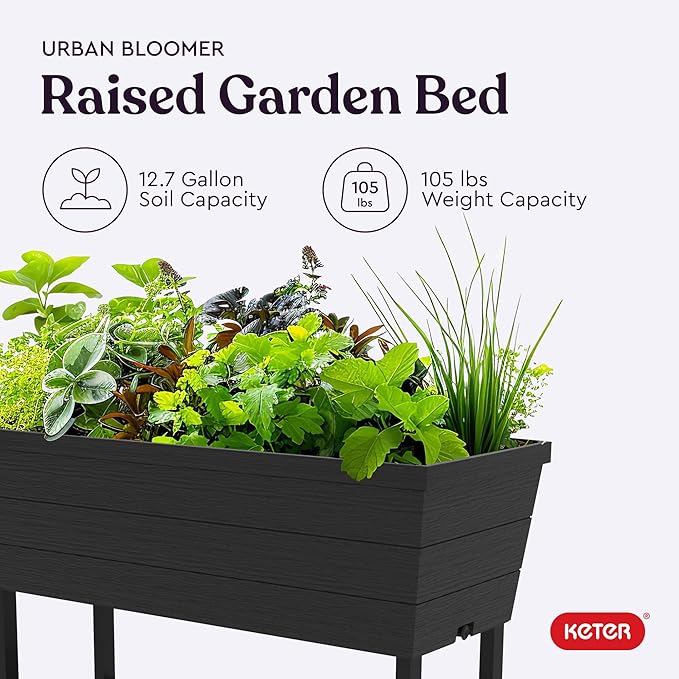 Keter Urban Bloomer 12.7 Gallon Raised Garden Bed and Outdoor Herb Garden Planter with Self Watering Gauge and Drainage Plug, Dark Grey