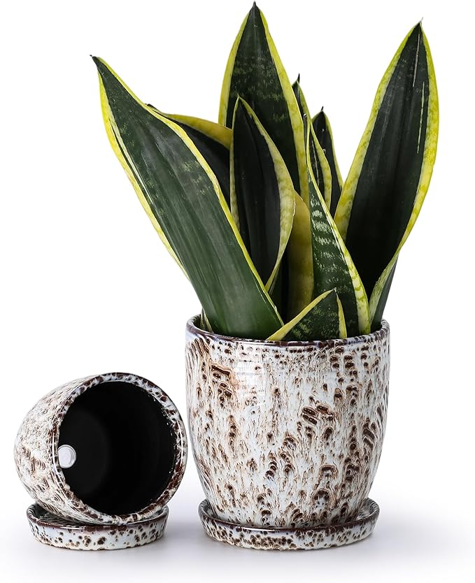 Set of 2 Ceramic Planters with Drainage Holes & Saucers - 4 + 5.75 Inch Earthy Speckled Reactive Glaze Flower Pots - Unique Brown Blue & White Decorative Pots for Indoor Outdoor Succulents, Orchids