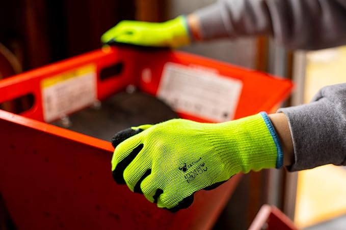 G & F 1516 12 Pairs Pack Premium High Visibility Work and gardening Gloves for Men and Women. MicroFoam Textured Coated Palm and Fingers Gloves for Gardening Work, Size Small, Green