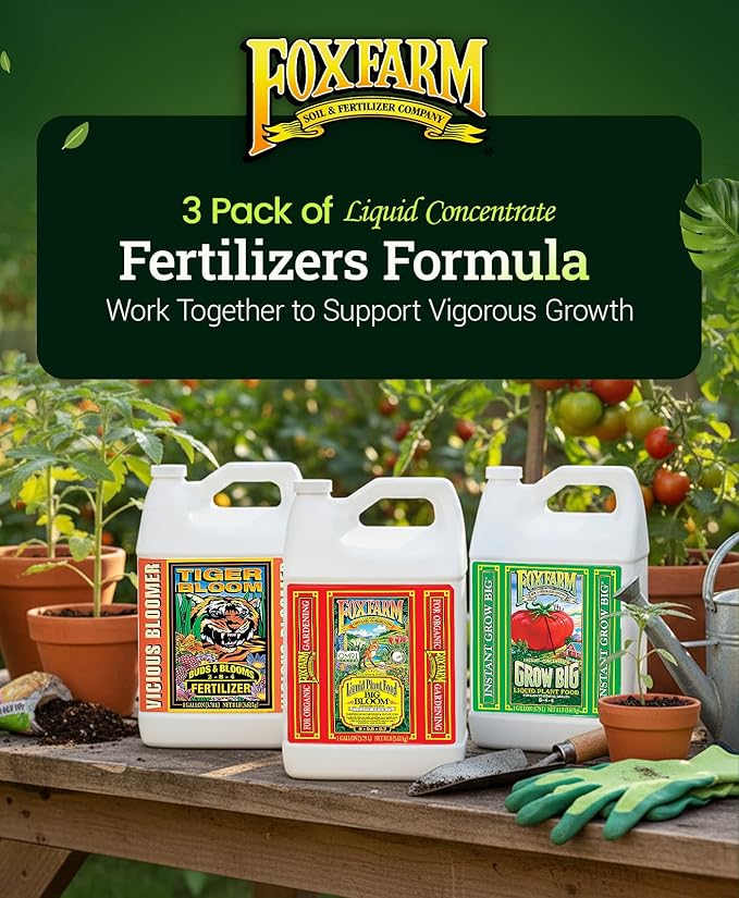 FoxFarm Soil Liquid Trio Pack - Big Bloom, Grow Big, Tiger Bloom Fertilizers Supports Vigorous Plant Growth, Bud Development & Abundant Fruit - Complete Liquid Plant Food Set - 3 Gallon Bottles